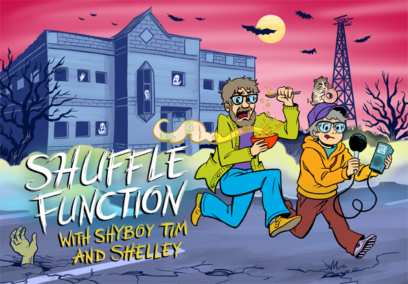 Cartoon illustration of Shuffle Function hosts Shyboy Tim & Shelley running away from the KMSU building, which is the most haunted radio station in Minnesota. There are ghosts in the windows on the building, a red sky, and a zombie hand coming out of the parking lot.
