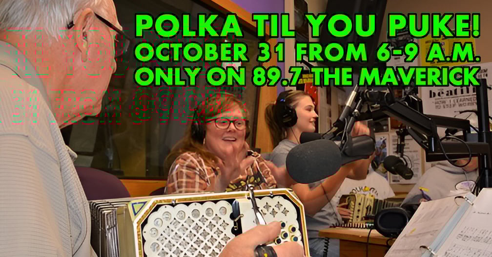 Photo showing a man playing concertina in a radio studio with others. Polka Til You Puke October 31 from 6-9 a.m. only on 89.7 the maverick