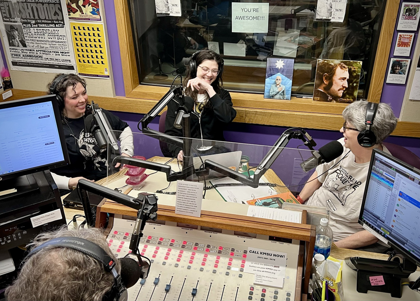 Amber Rahe, Kat Baumann, Shelley Pierce, and Tim Lind in they KMSU radio studio