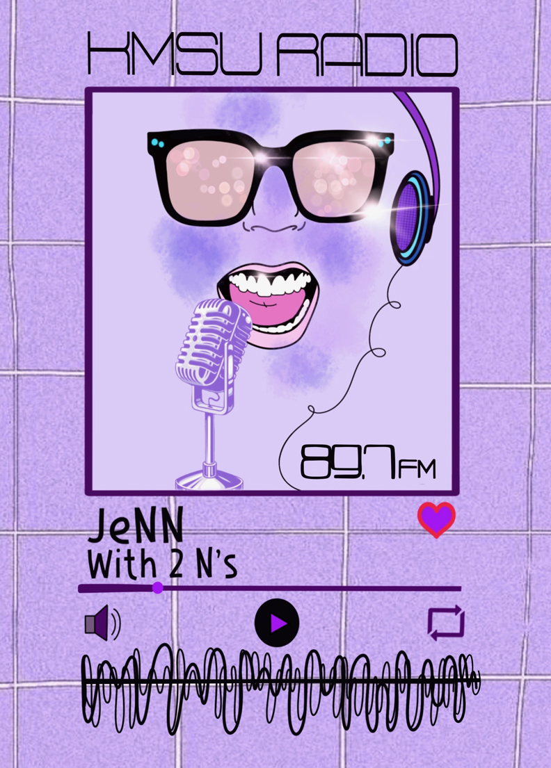Lavender tinted charicature of Jenn with 2 N's host Jenn Melby-Kelley speaking into a microphone