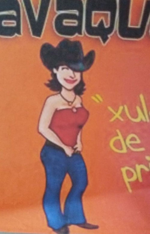 Cartoon character of a cowgirl dancing for the Pulso Latino show on KMSU radio station