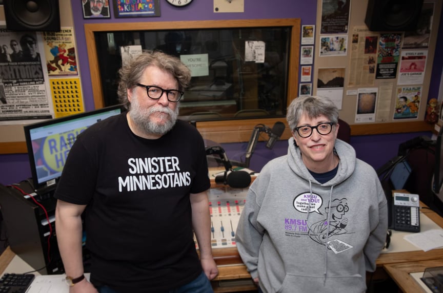Shyboy Tim and Shelley in the KMSU broadcast booth