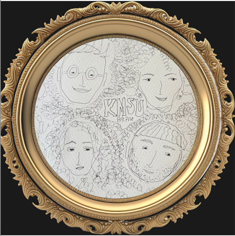 A line drawing of the Exhibitionists hosts in a gold frame