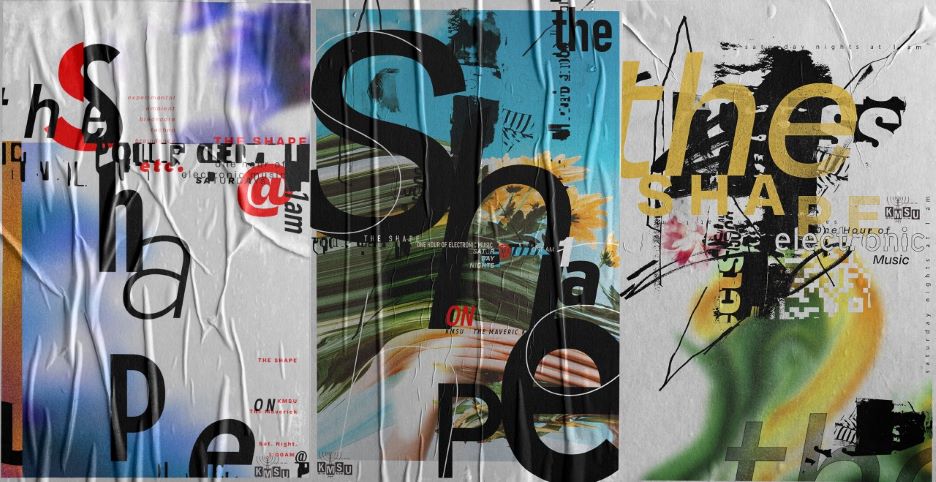 A collage artwork piece with the word An artwork piece titled "Shape" arranged creatively in three separate sections with different colors and collage elements