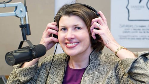Karen Wright in the KMSU broadcast booth