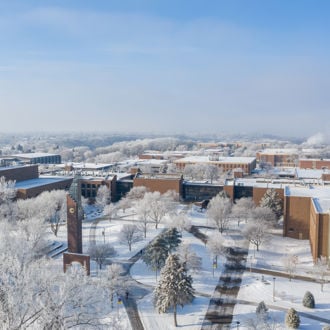 Aerial view of the Minnesota State University, Mankato campus on a sunny winter day