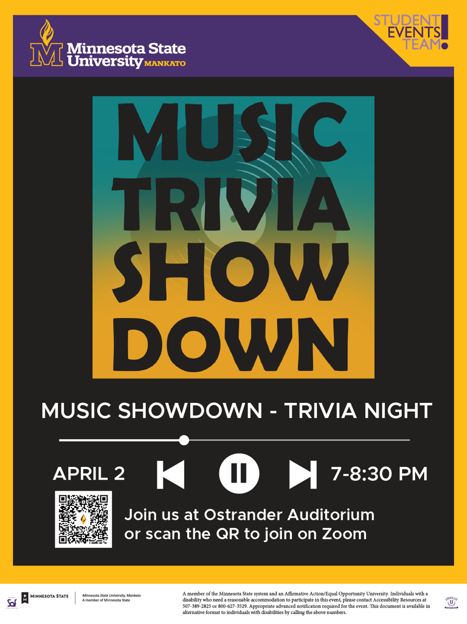The poster for Music Trivia Showdown on April 2 at 7 pm says, "Join us at Ostrander Auditorium or scan the QR code to join on Zoom."