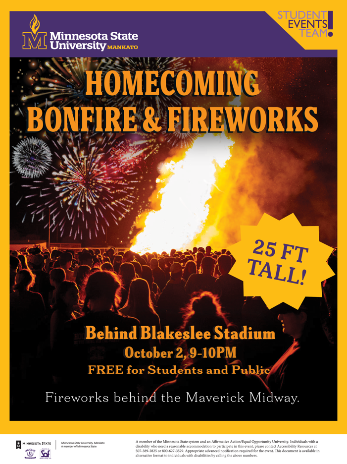 Minnesota State university, Mankato Homecoming Bonfire and Fireworks poster