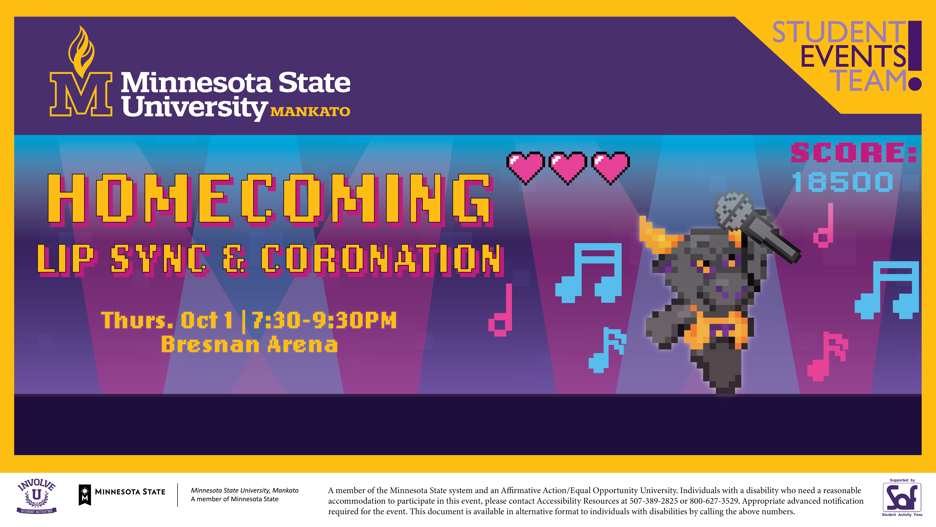 Homecoming and Lip Sync Coronation will be on Oct 1 at 7:30 in Bresnan Arena