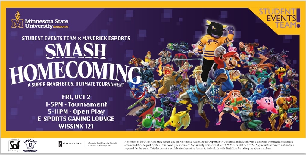 Smash Homecoming Event takes place on Oct 2 from 1 to 11pm in Esports Lounge.