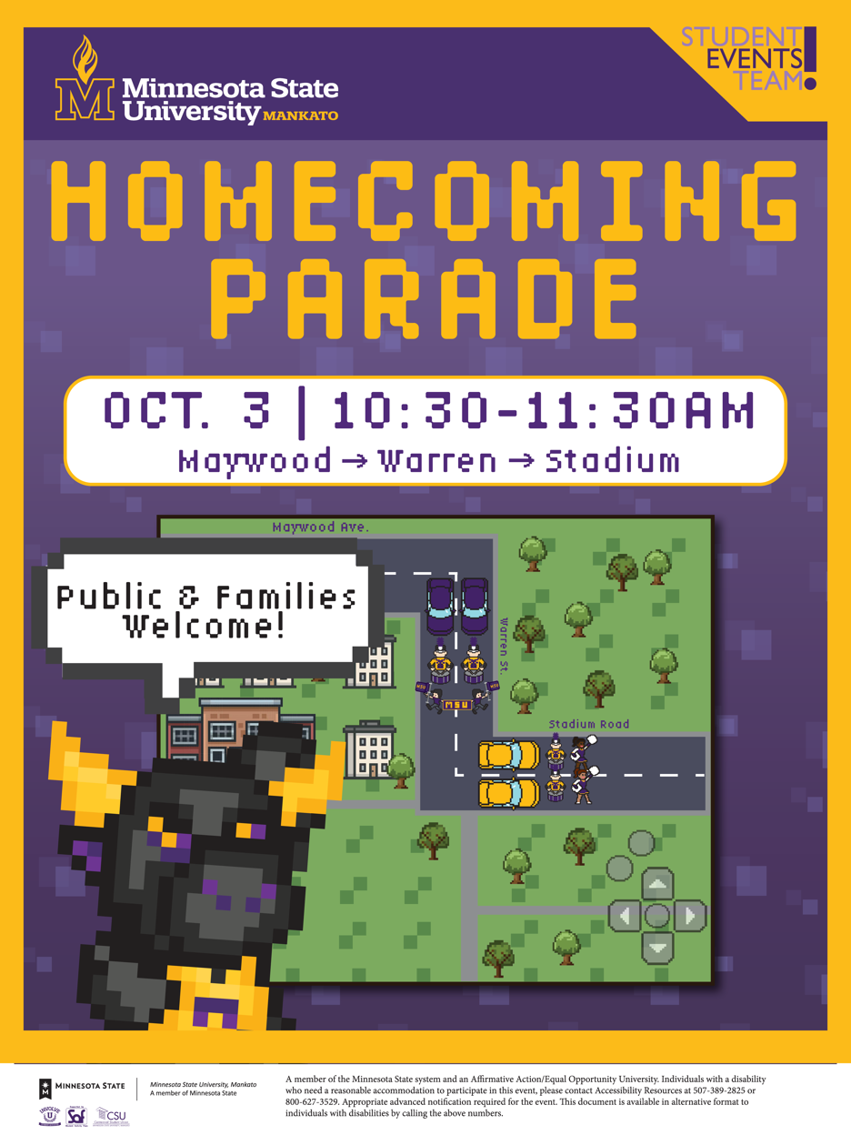 Poster sharing that the 2026 homecoming parade will be on October 3 10:30 am on Stadium Road 