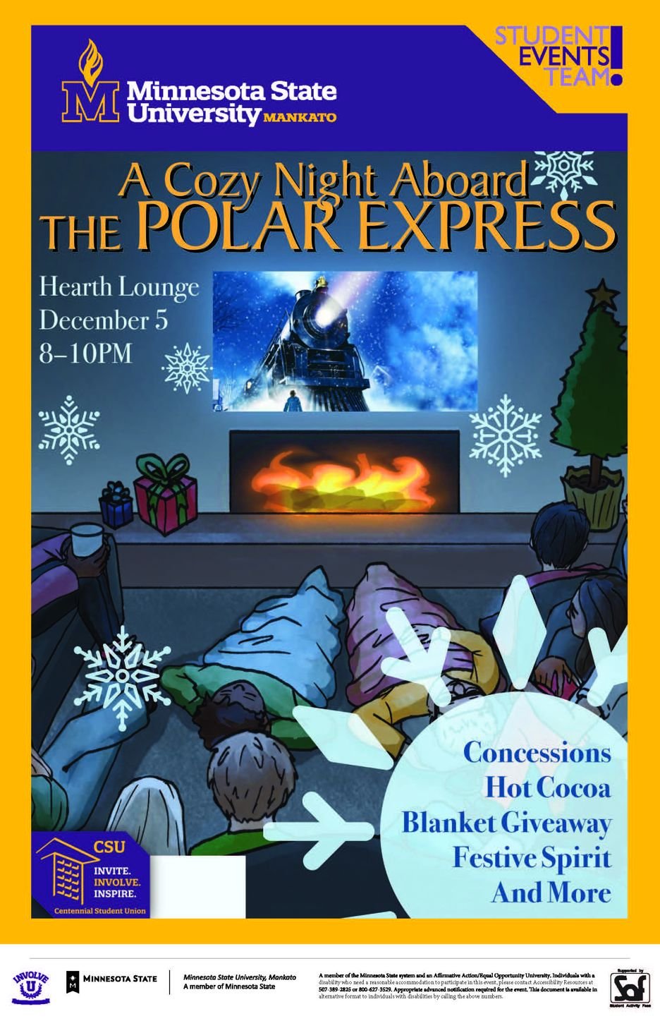 The image shows cartoon people snuggled under blankets watching The Polar Express movie near a fireplace with snowflakes falling down. The event will take place on December 5 at 8 pm in the Hearth Lounge. There will be concessions, hot cocoa, blanket giveaway, festive spirit, and more.