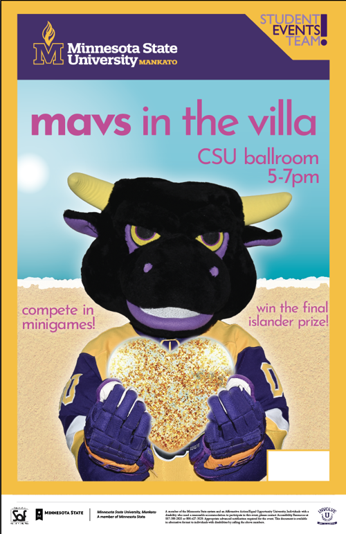 The picture shows our mascot, Maverick, with a Love Island background. The poster says, "Compete in mini games and win the final prize!".
