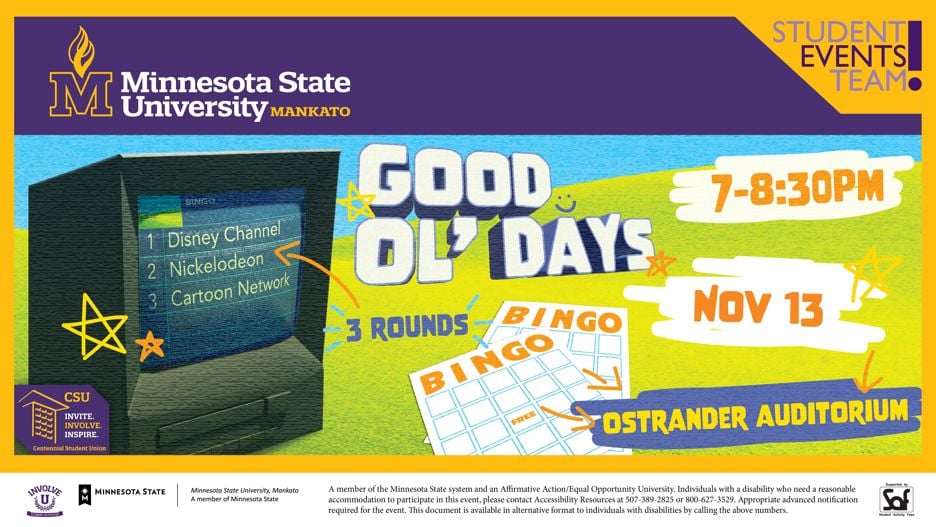 The photo has an old fashioned television showing the 3 Bingo rounds: Nickelodeon, Disney, and Cartoon Network. The event will take place Thursday, November 13 in Ostrander Auditorium from 7pm to 8:30 pm.
