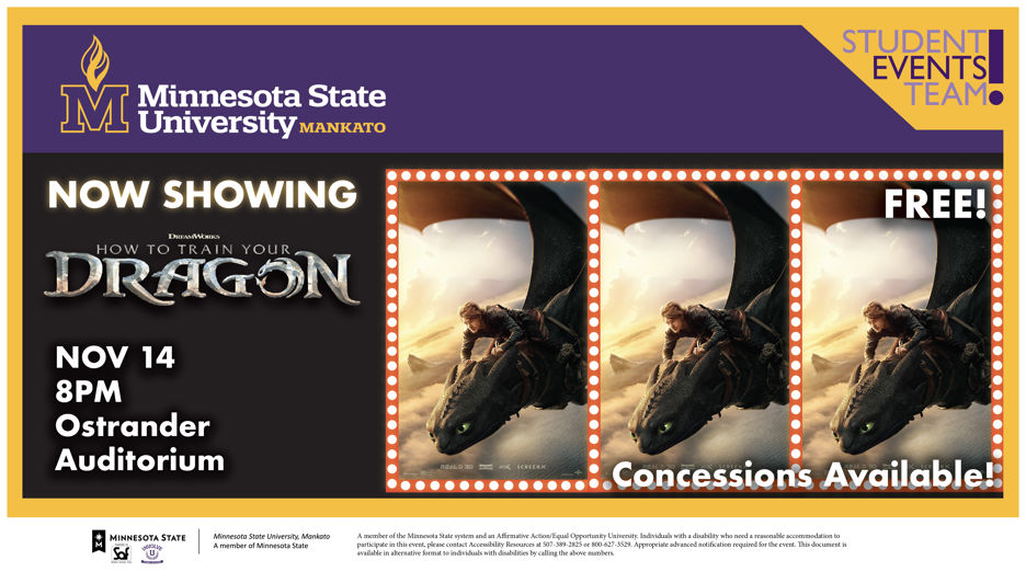 The movie promo poster shows character Hiccup riding his dragon Toothless. The event will take place on Friday, November 14 in Ostrander Auditorium from 8pm-10pm.