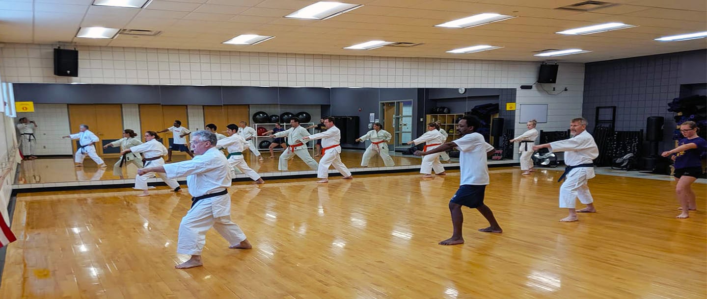 The karate club practicing in the martial arts studio