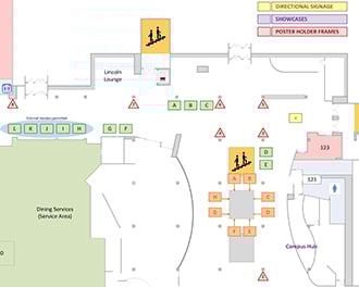 Thumbnail diagram image of seven tables available outside the dining services area, three tables near Starbucks, and two tables near the Campus Hub. Seven poster frame locations and one directional signage location are also marked.