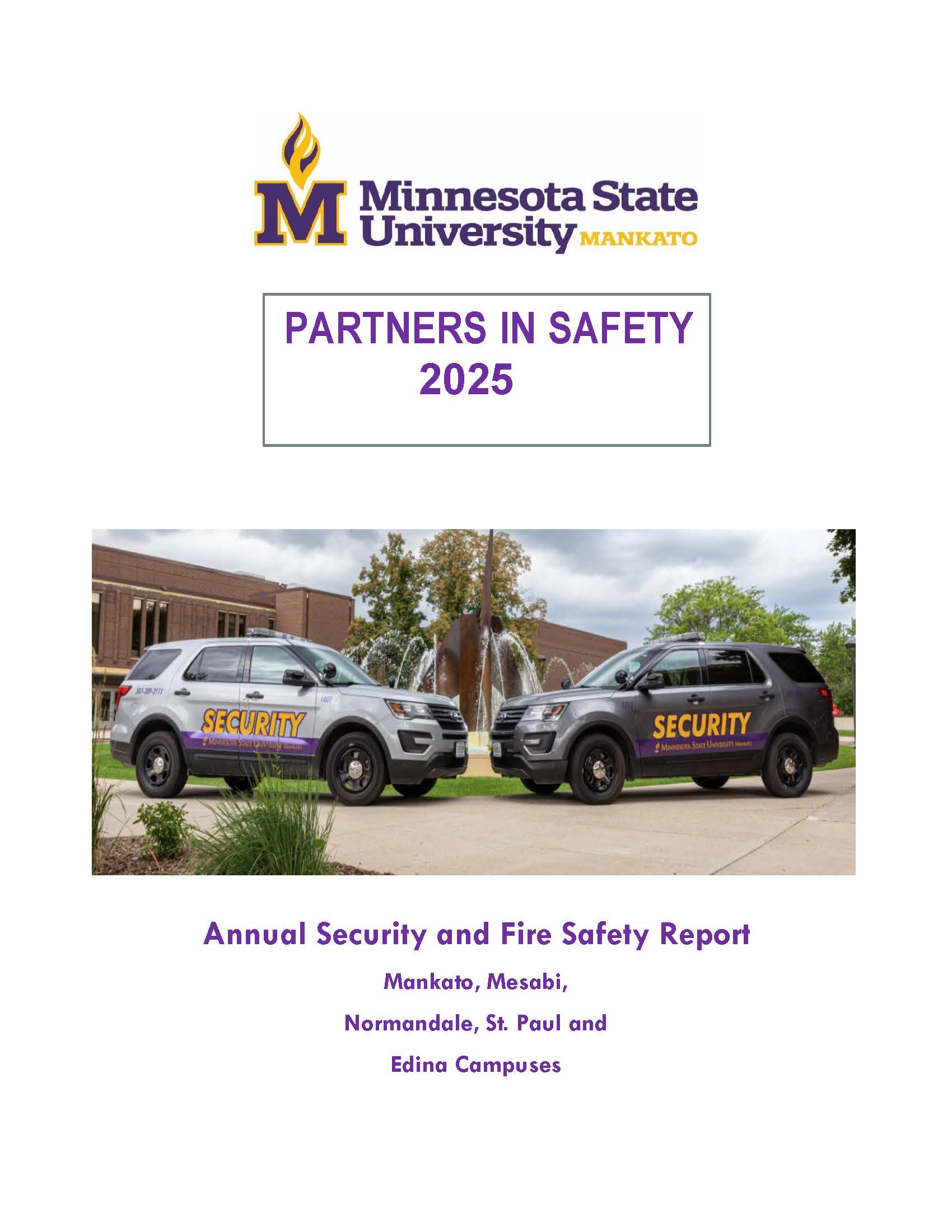 Safety Report cover image: Partners in Safety 2025, Annual Security Fire and Safety Report; Mankato, Mesabi, Normandale, St. Paul and Edina Campuses