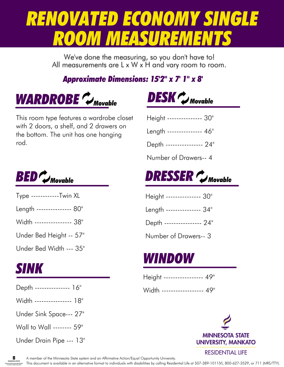 An informative flyer detailing the dimensions of furniture and features in a renovated economy single room offered by Minnesota State University, Mankato's Residential Life