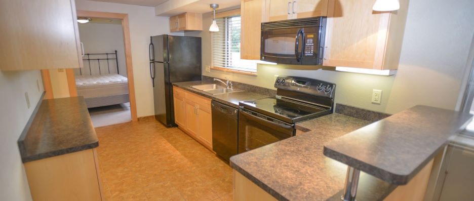 View of kitchen inside the A Hall Resident staff apartment