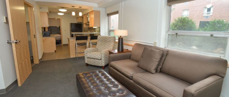 View of living room and kitchen inside the H Hall Resident staff apartment