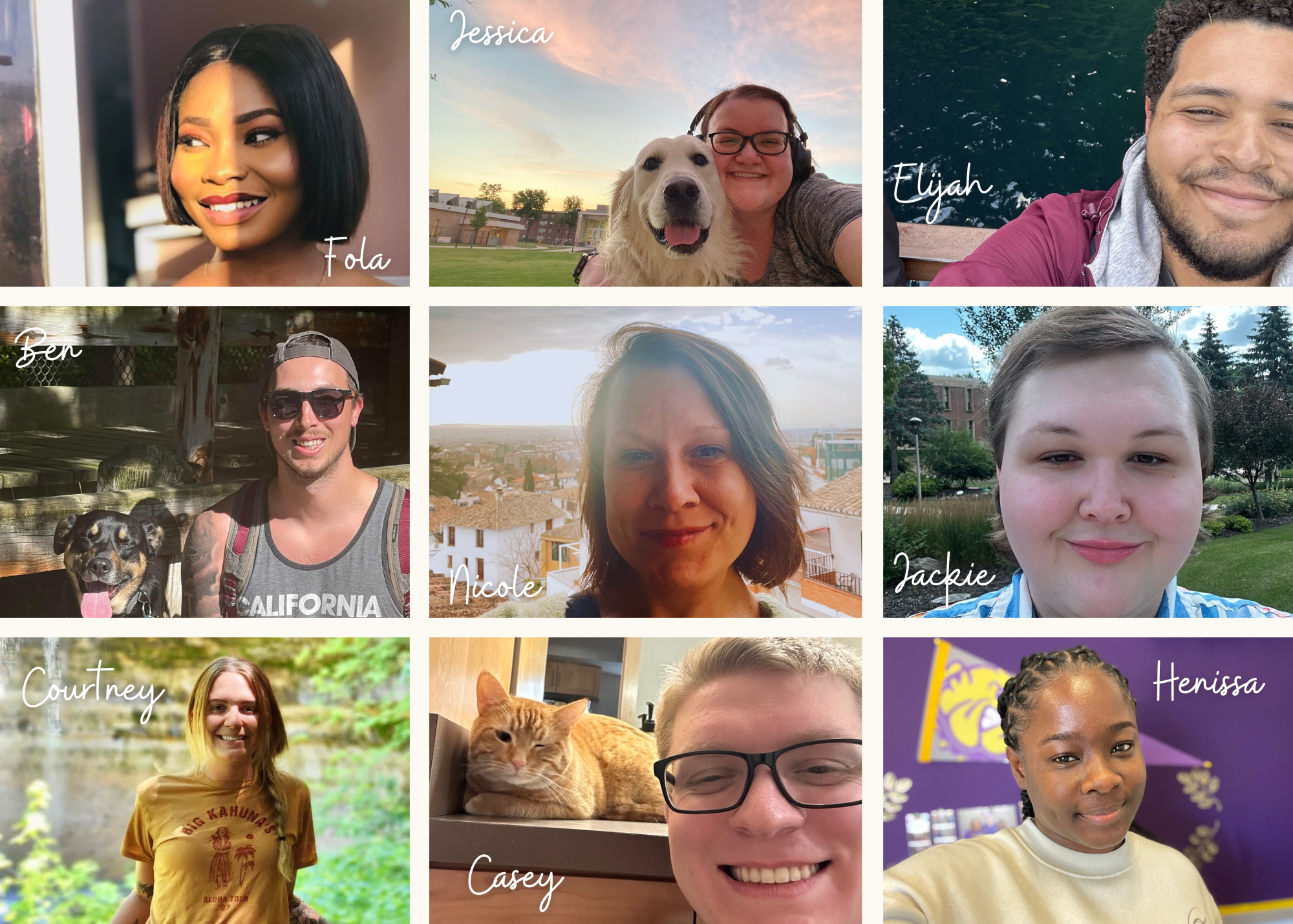 a photo collage that shows a picture of each Hall Director's face and name.